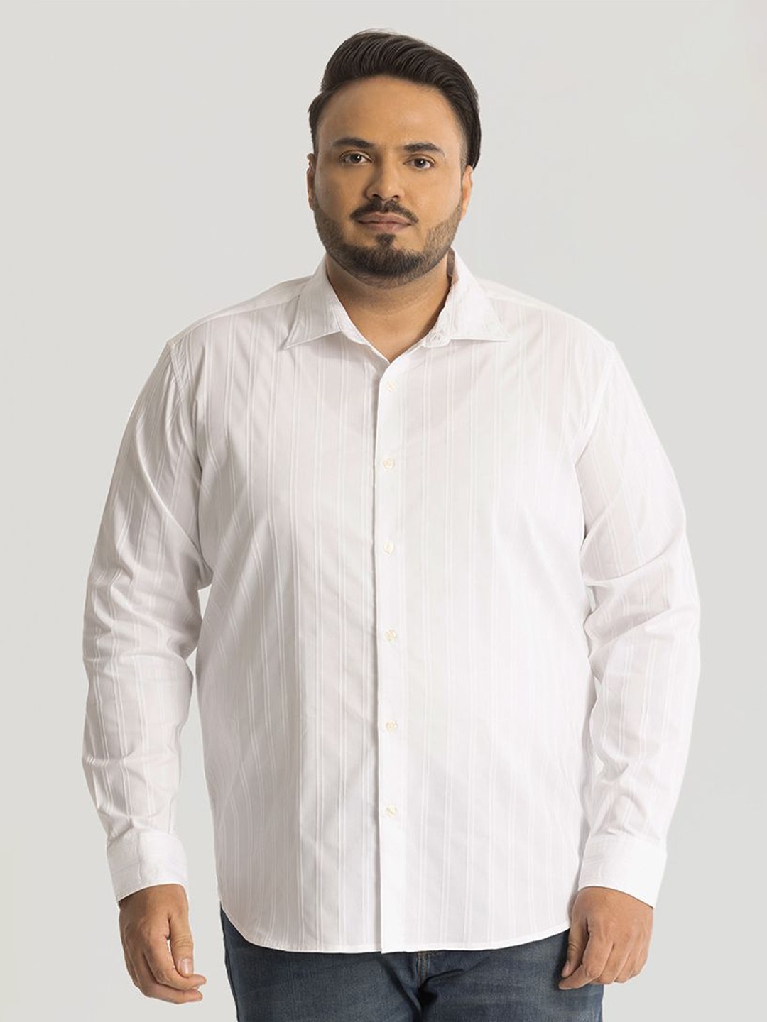 

Snitch Men Plus Size Classic Spread Collar Striped Cotton Casual Shirt, White