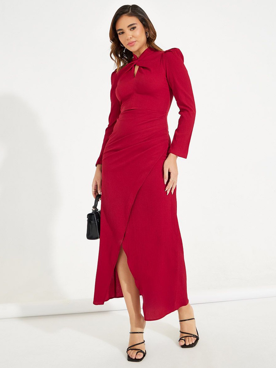 

Styli Keyhole Neck Solid Mock Wrap Front Slit Maxi Dress, Red