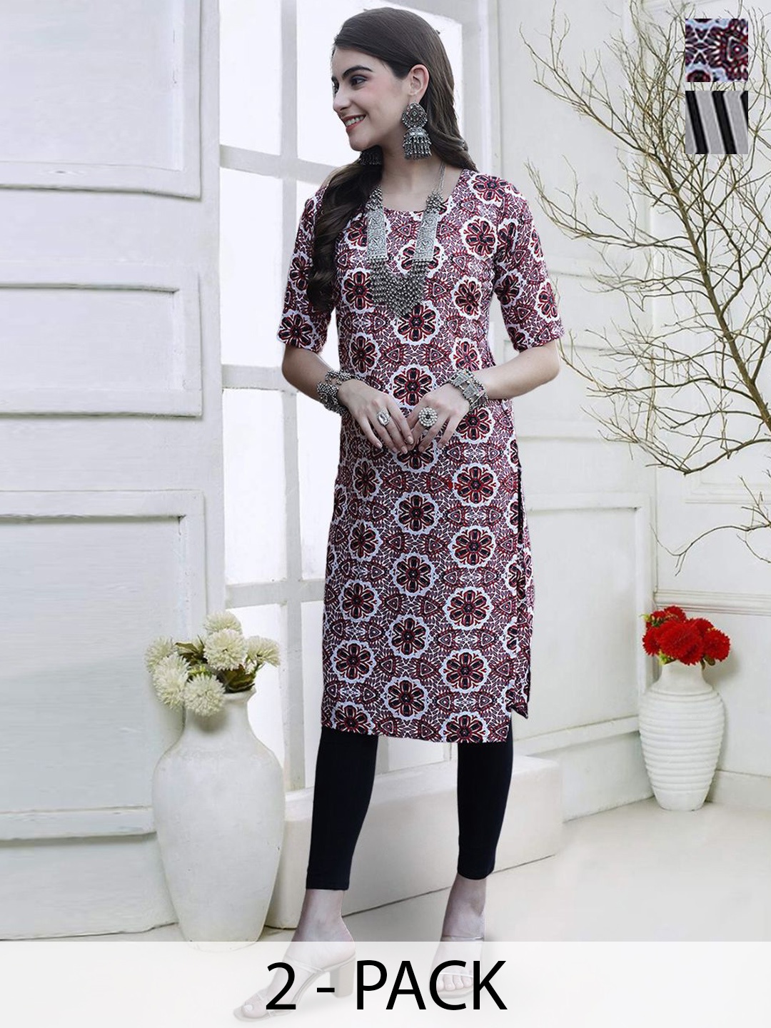 

7Threads Pack Of 2 Ethnic Motifs Printed Straight Kurta, Maroon