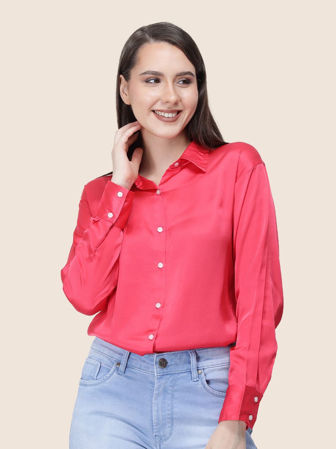 

AMSWAN Women Premium Spread Collar Solid Relaxed Fit Casual Shirt, Pink