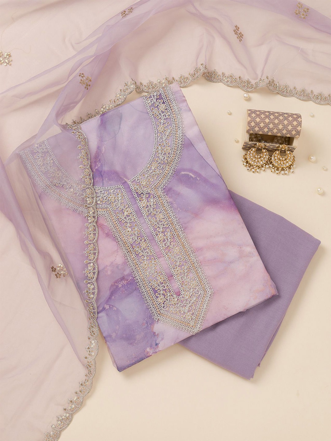 

Koskii Floral Embroidered Organza Unstitched Dress Material, Purple