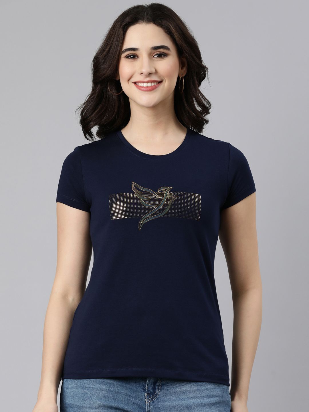 

TWIN BIRDS Women Graphic Printed Round Neck Cotton Slim Fit T-Shirt, Blue