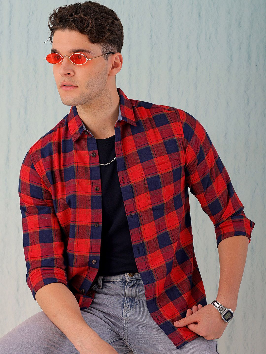 

Hardsoda by The Indian Garage Co Men Spread Collar Tartan Checked Casual Shirt, Red