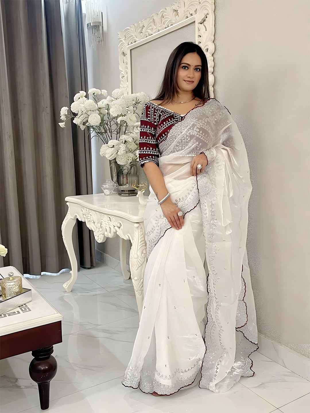 

Anouk Women Embellished Beads and Stones Saree, White