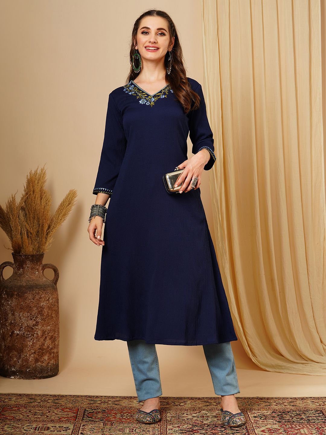 

Globus Blue Floral Embroidered Georgette A-Line Kurta