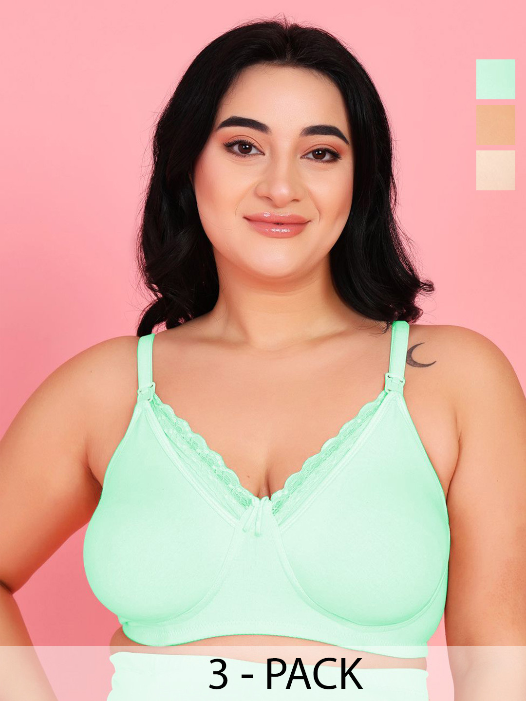 

MAMMA PRESTO Pack Of 3 Full Coverage Cotton Maternity Bra, Sea green