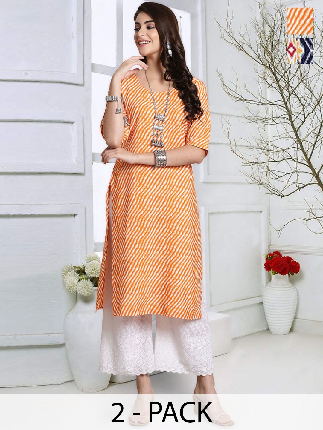 

7Threads Selection Of 2 Leheriya Printed Round Neck Straight Kurta, White