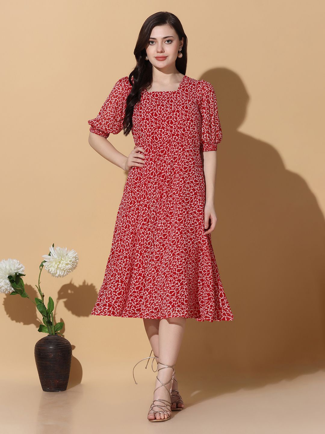 

BAESD Animal Printed Puff Sleeves Georgette A-Line Midi Dress, Red