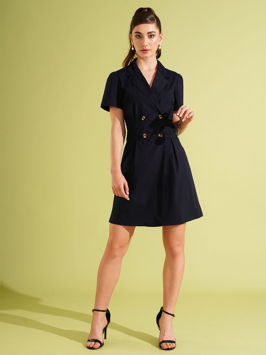 

Globus Notched Lapel Double Breasted Ruched Back Mini Workwear Blazer Dress, Navy blue