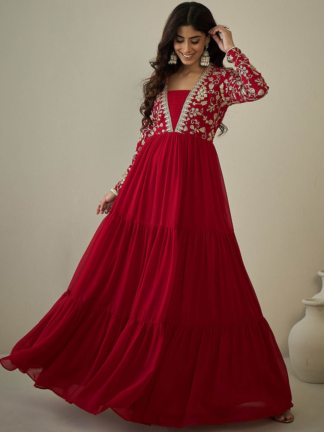 

Inddus Sequinned Embroidered Tiered Fit & Flared Maxi Ethnic Dress, Red