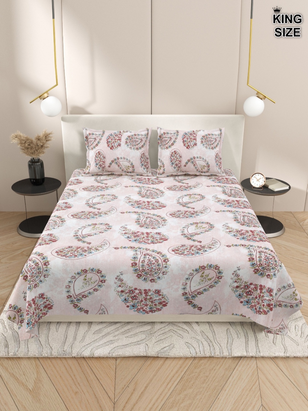 

DREAM WEAVERZ Pink & Blue Paisley 220 TC Cotton King Bedsheet With 2 Pillow Covers