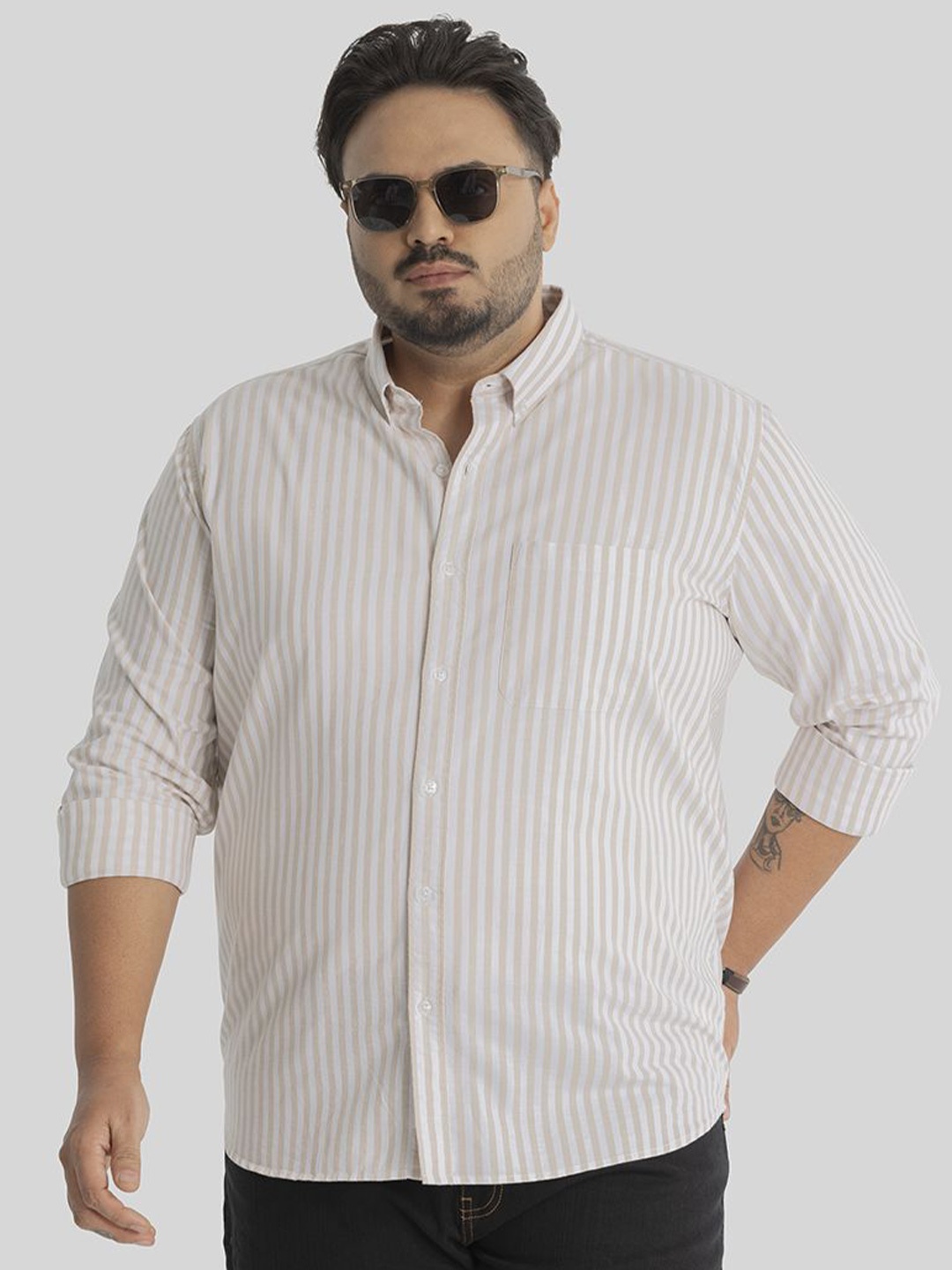 

Snitch Plus Size Men Relaxed Opaque Striped Casual Shirt, Peach