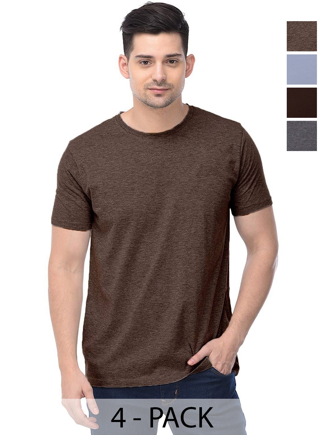 

COLOR CAPITAL Unisex Pack Of 4 Solid Pure Cotton T-shirts, Brown