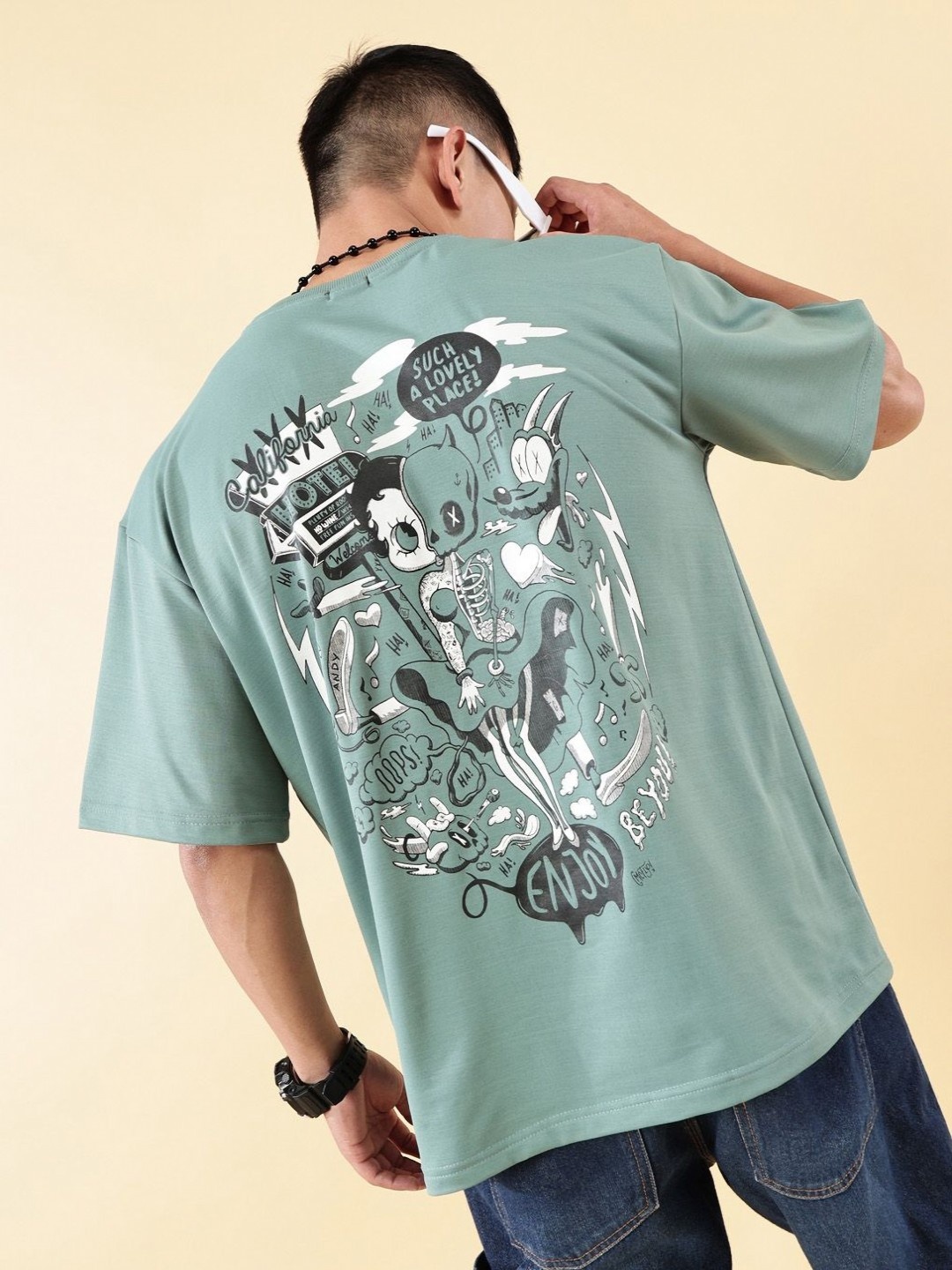 

Rodzen Men Graphic Printed Round Neck Cotton Oversized T-Shirt, Green
