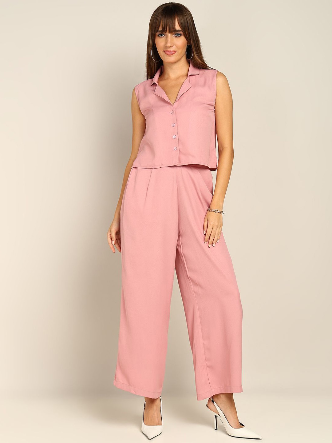 

Murcia Notched Lapel Collar Sleeveless Top With Trouser, Pink