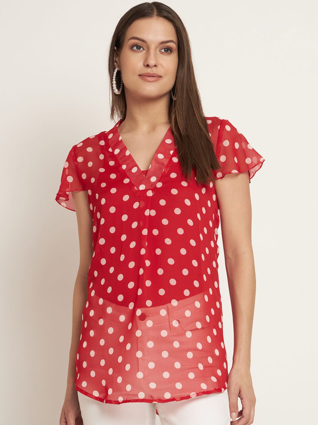 

Curvydrobe Polka Dot Print Georgette Top, Red