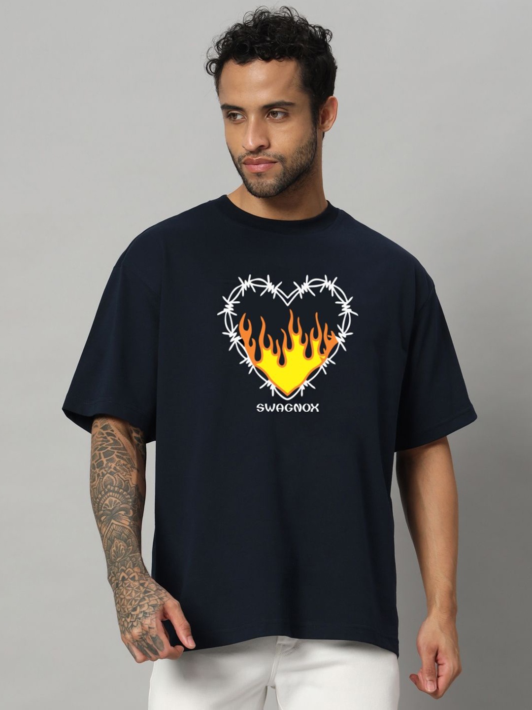 

SWAGNOX Men Graphic Printed Round Neck Cotton Oversized T-shirt, Navy blue