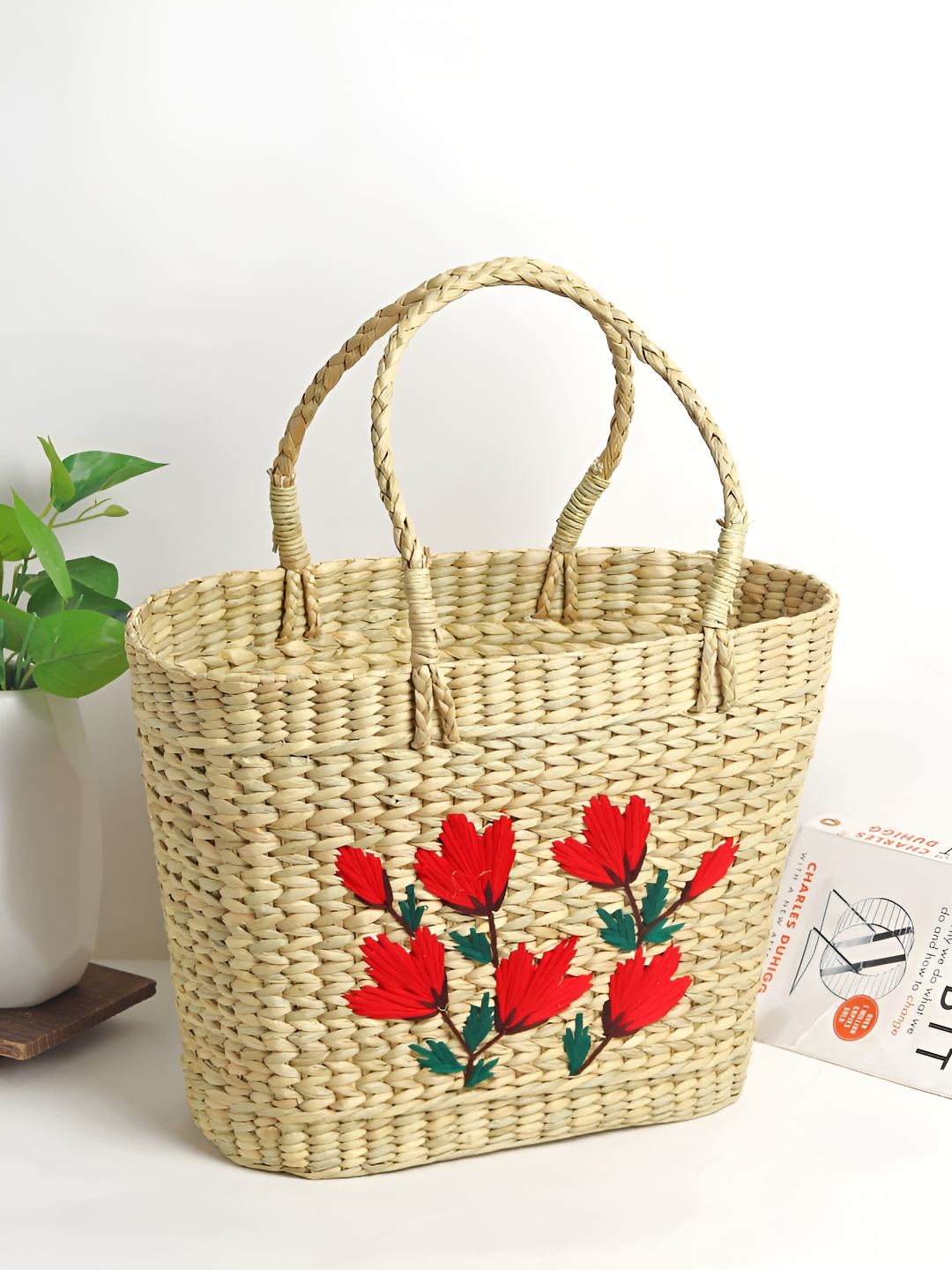 

HABERE INDIA Red & Beige Seagrass Embroidered Tote Basket