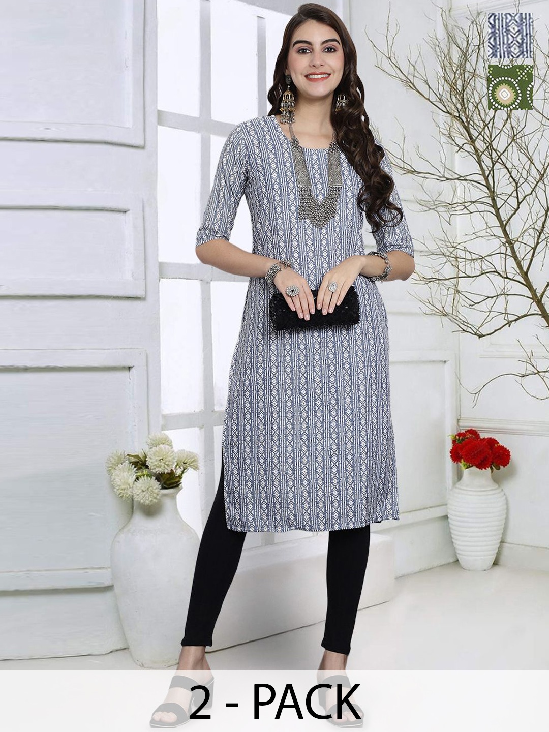 

7Threads Selection Of 2 Geometric Printed Round Neck Straight Kurtas, Green