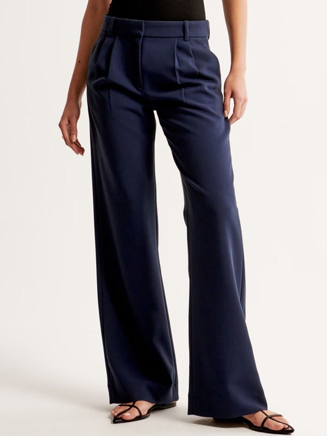 

FNOCKS Women Tailored High-Rise Pleated Formal Trousers, Navy blue