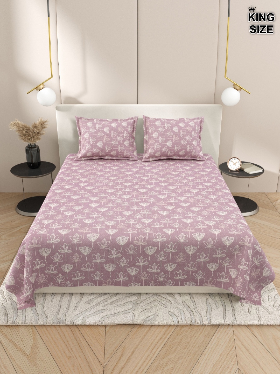

DREAM WEAVERZ Purple & Beige Floral 220 TC King Bedsheet With 2 Pillow Covers