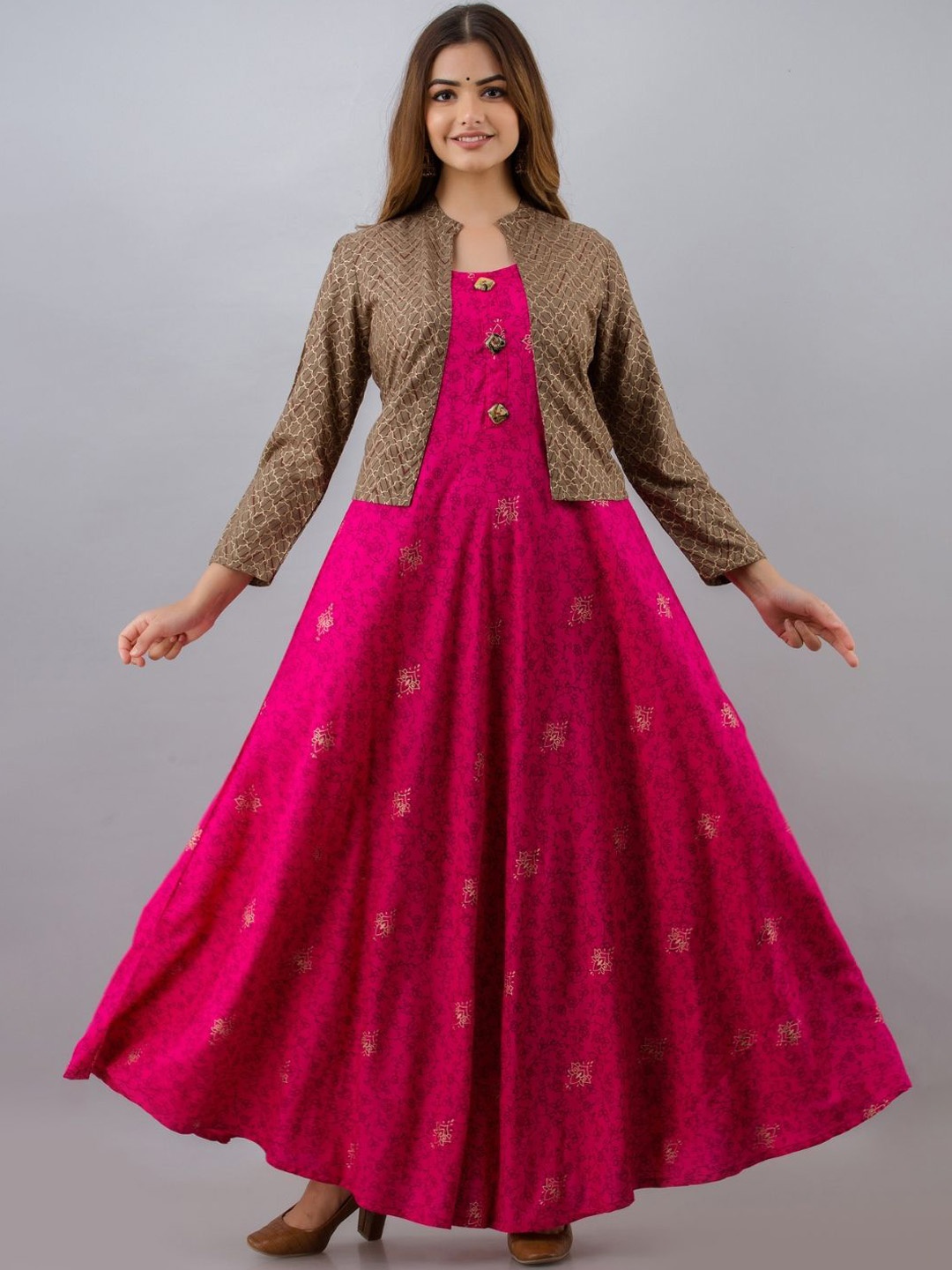 

Jaipurite Floral Printed Round Neck A Line Ethnic Dress, Pink