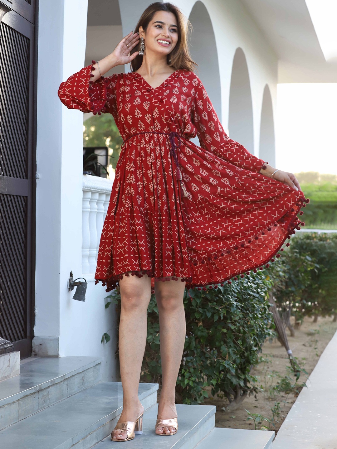 

QBO FASHION Printed Fit And Flare Ethnic Dresses, Red