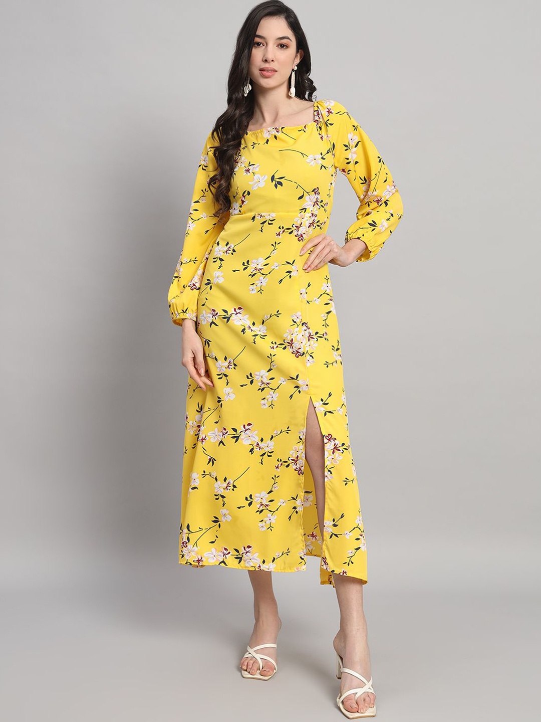 

Curvydrobe Women Floral Print Puff Sleeve Crepe Fit & Flare Dress, Yellow