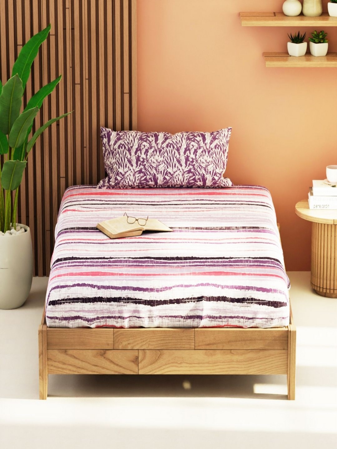 

KOPA Bagator Purple & White Striped 152 TC Single Bedsheet With 1 Pillow Covers