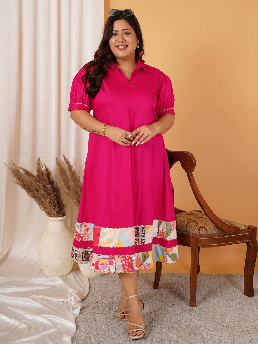 

MOOBA Solid Cuffed Sleeves Cotton A-Line Dress, Fuchsia