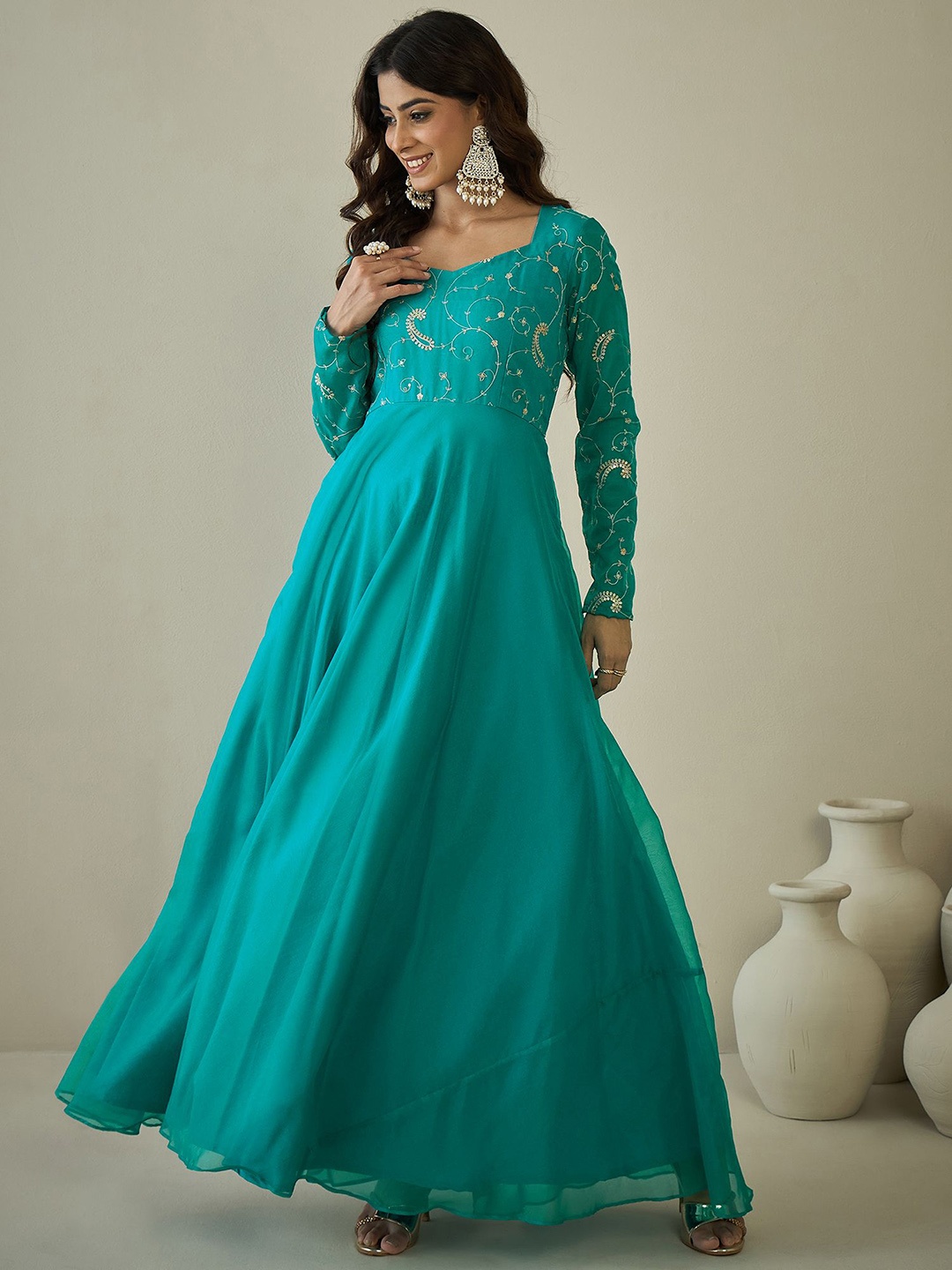 

Inddus Embroidered Sweetheart Neck Ethnic Maxi Dress, Turquoise blue