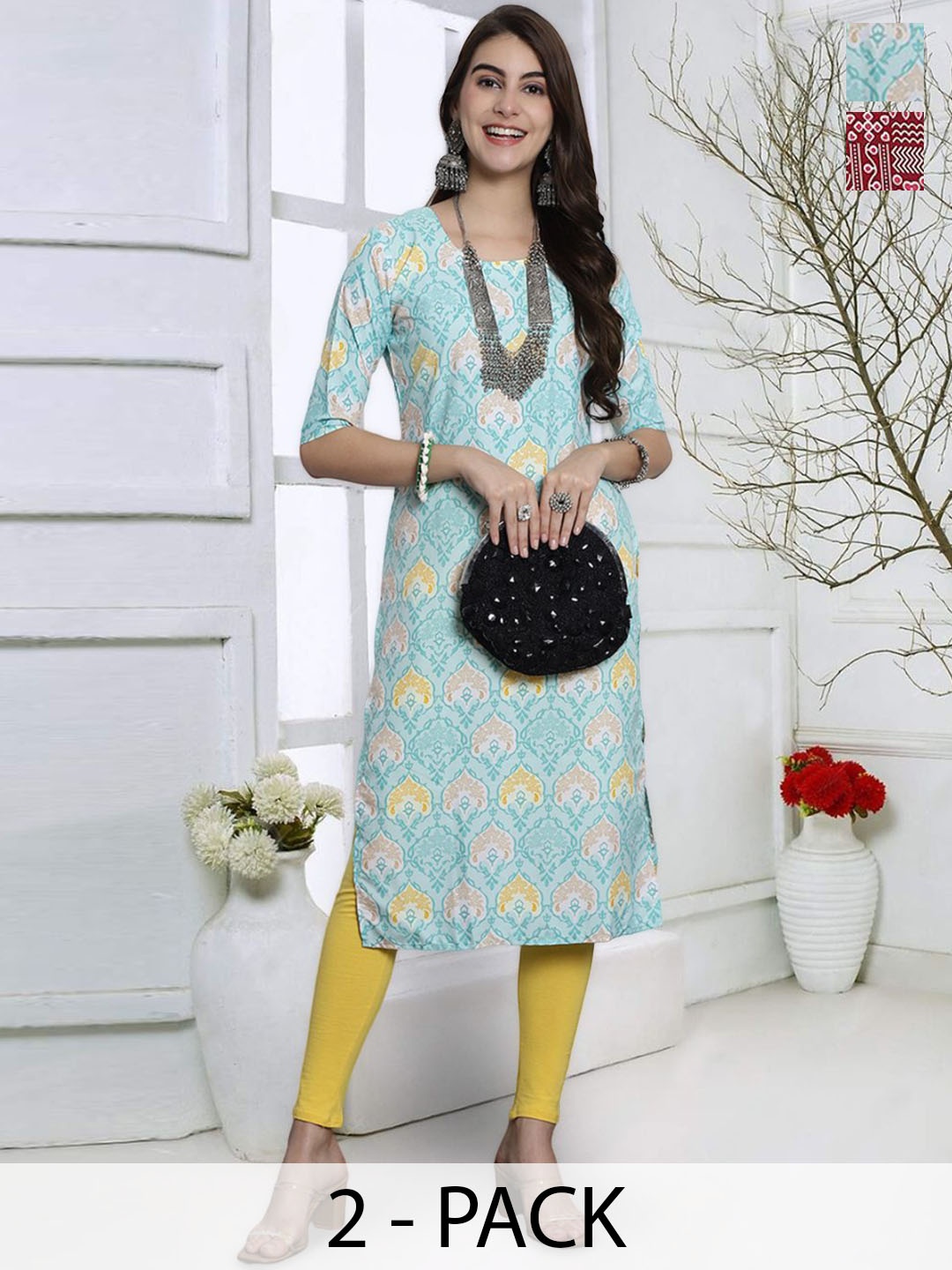 

7Threads Selection Of 2 Floral Printed Round Neck Straight Kurta, Blue