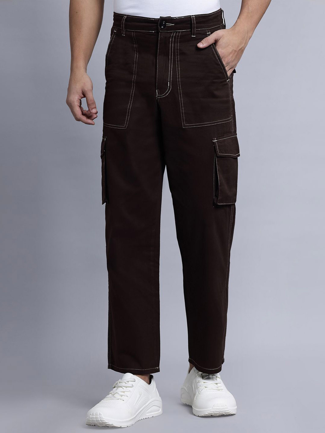 

N AND J Men High-Rise Baggy Cotton Cargo Jeans, Brown
