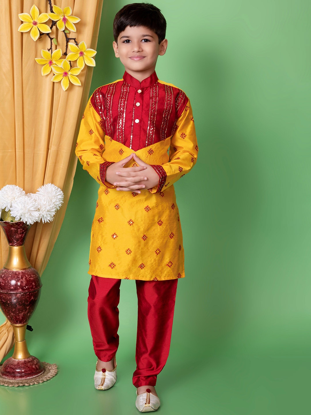 

NFC CREATION Boys Floral Embroidered Sequinned Dupion Silk Kurta With Trousers, Yellow