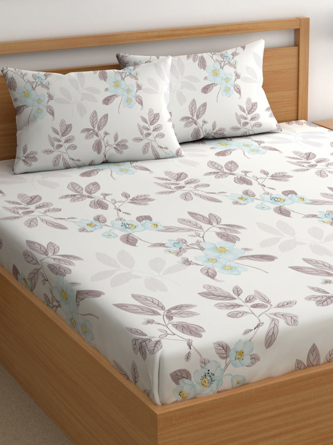 

CHHAVI INDIA White & Brown Floral 210 TC Queen Bedsheet With 2 Pillow Covers