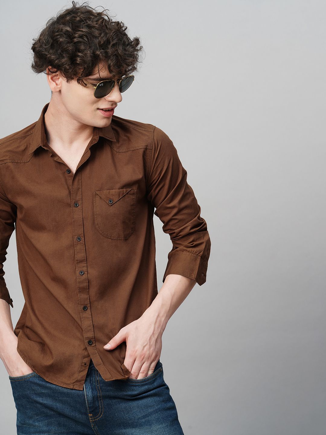 

TRYBUY.IN Men Comfort Spread Collar Solid Cotton Party Shirt, Brown