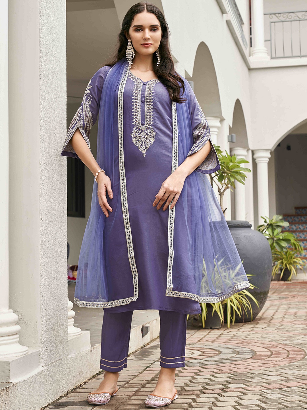 

Tikhi Imli Floral Embroidered Sequinned Straight Kurta with Trousers & Dupatta, Purple