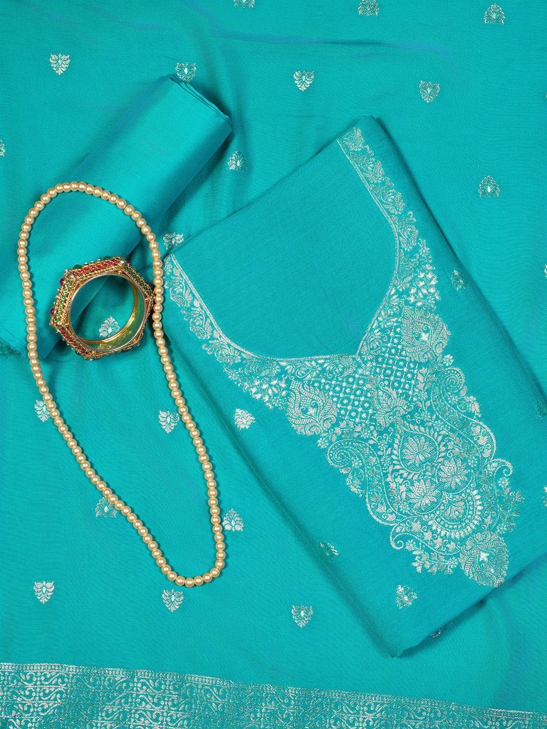 

Inddus Floral Woven Design Zari Unstitched Dress Material, Blue