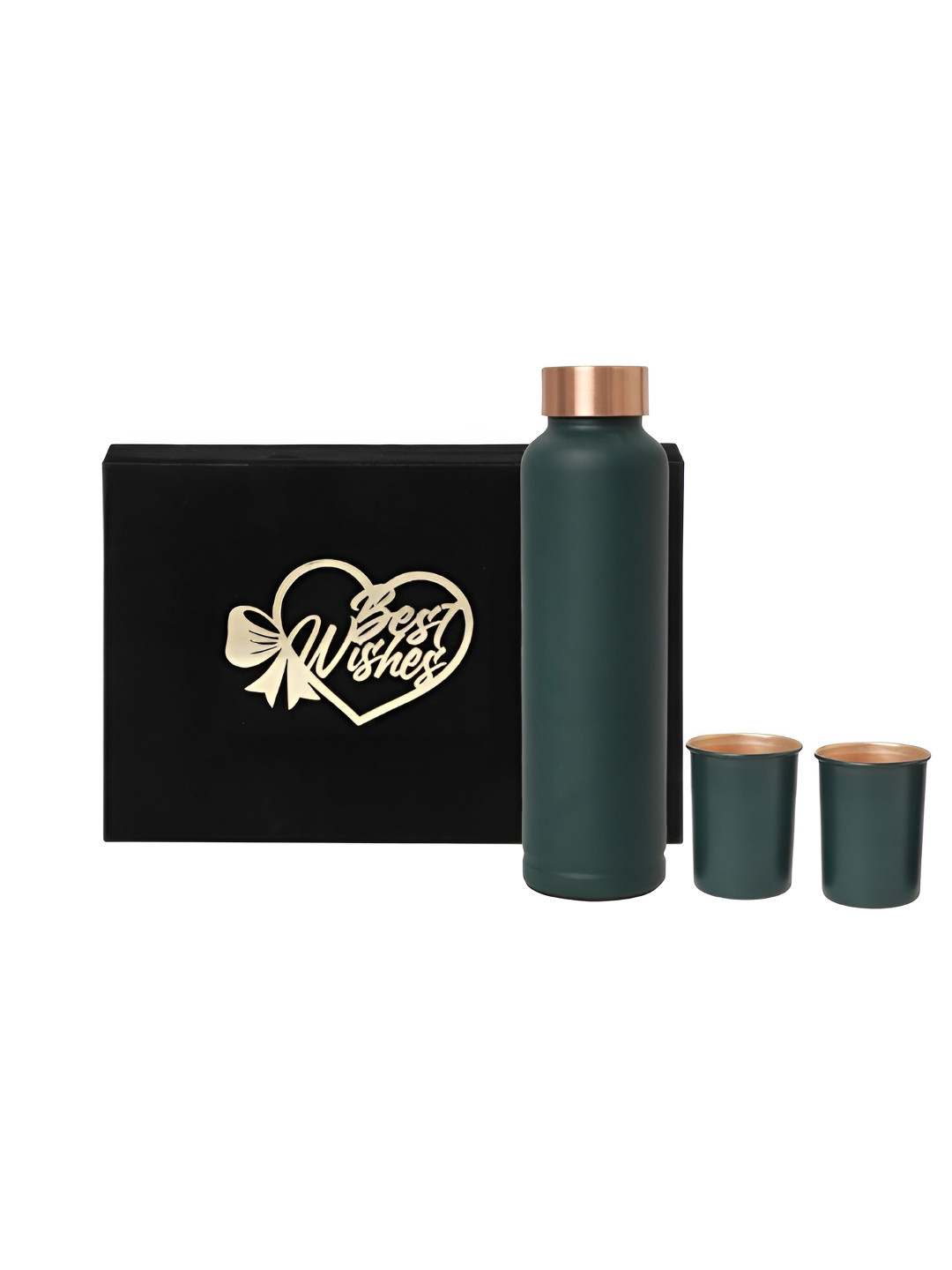 

INTERNATIONAL GIFT Green 3 Pieces Copper Water Bottle 1 L With Glass & Best Wishes Tag