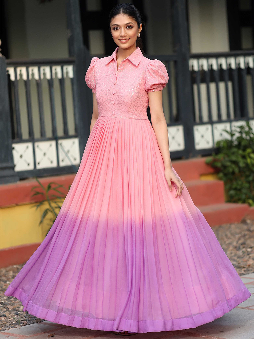 

Bullion Knot Juliette Tie and Dye Puff Sleeve Fit & Flare Maxi Dress, Pink