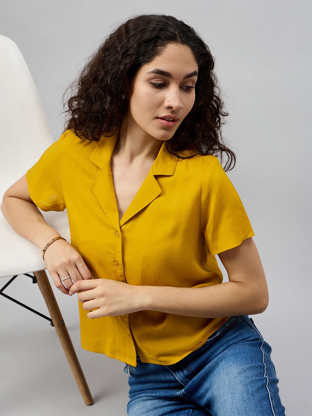 

Deewa Women Solid Lapel Collar Top, Mustard