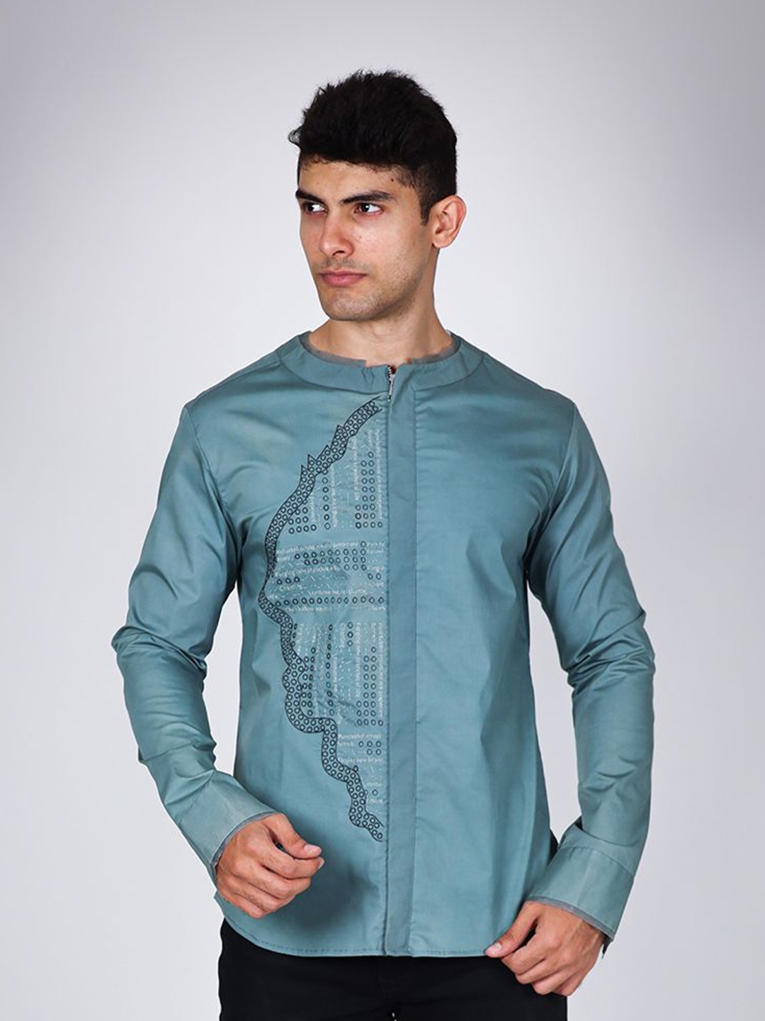 

Arya Giri Men Band Collar Solid Cotton Casual Shirt, Blue