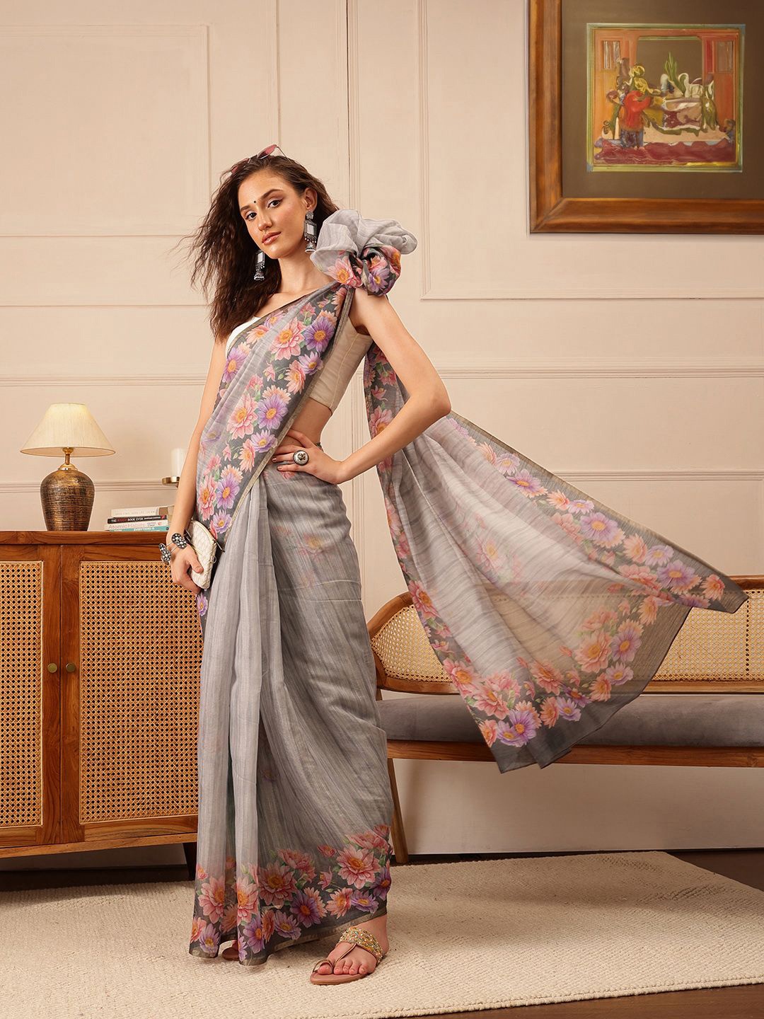 

Silk Land Floral Printed Saree, Grey