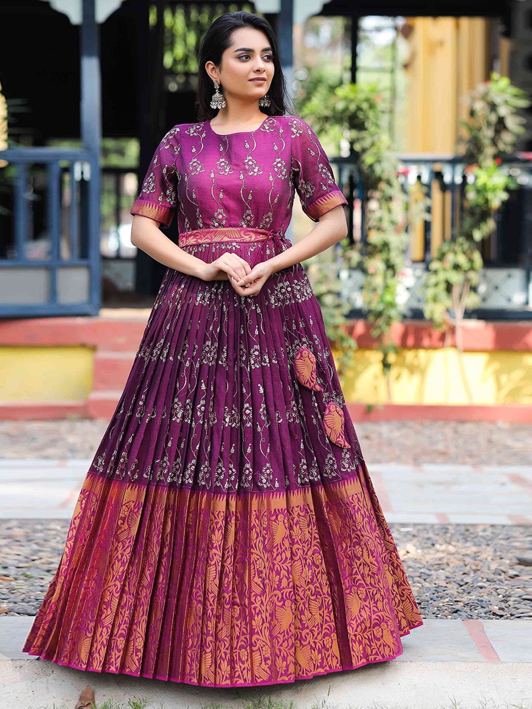 

Bullion Knot Embroidered Maxi Ethnic Dress, Purple