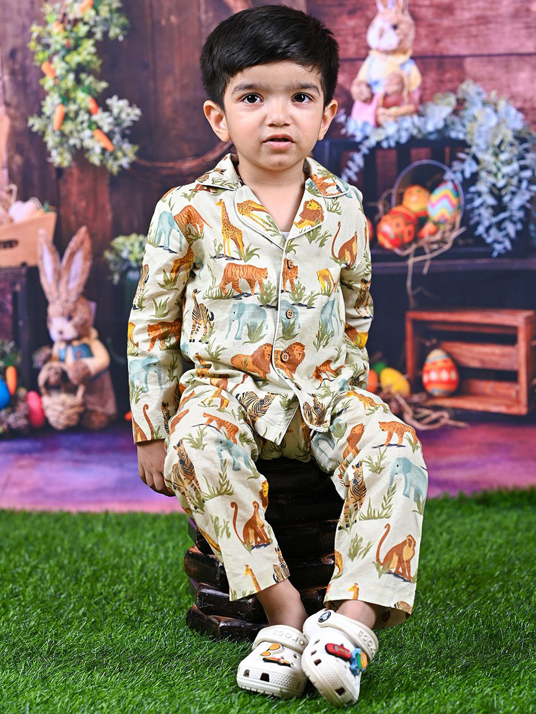 

MOOBA Boys Printed Pure Cotton Night suit, Beige