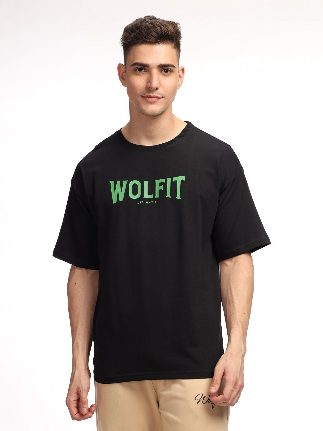 

WOLFIT ATHLEISURE Unisex Typography Printed Round Neck Cotton Oversized T-Shirt, Black