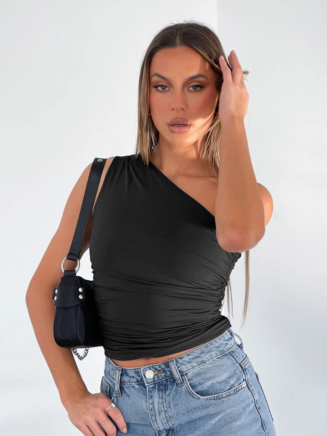 

StyleCast Women Solid Off-Shoulder Nylon Top, Black