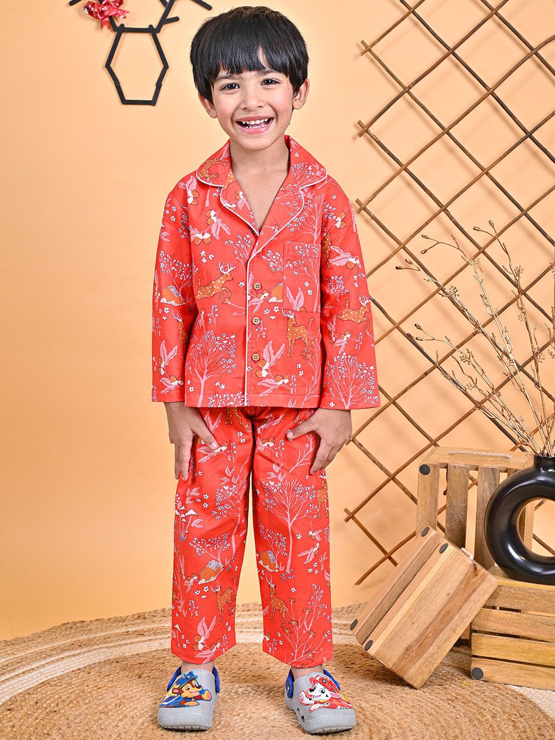 

MOOBA Boys Printed Pure Cotton Night suit, Rust
