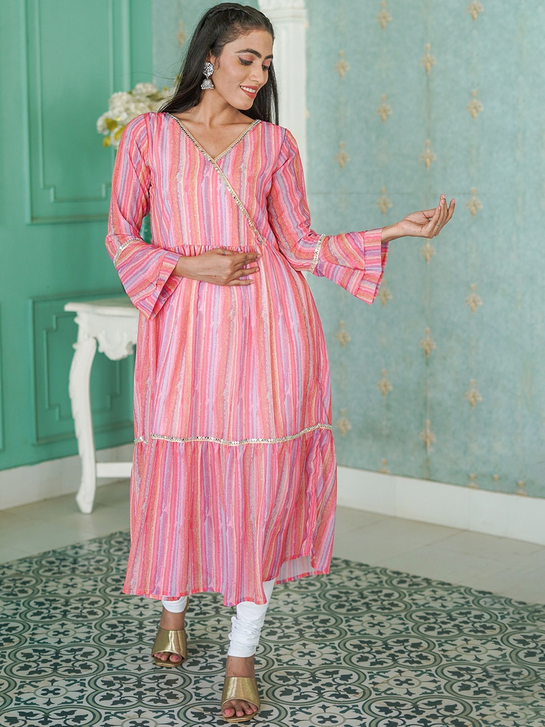 

GO BOUJEE Striped Mirror Work Georgette Tiered Anarkali Kurta, Pink