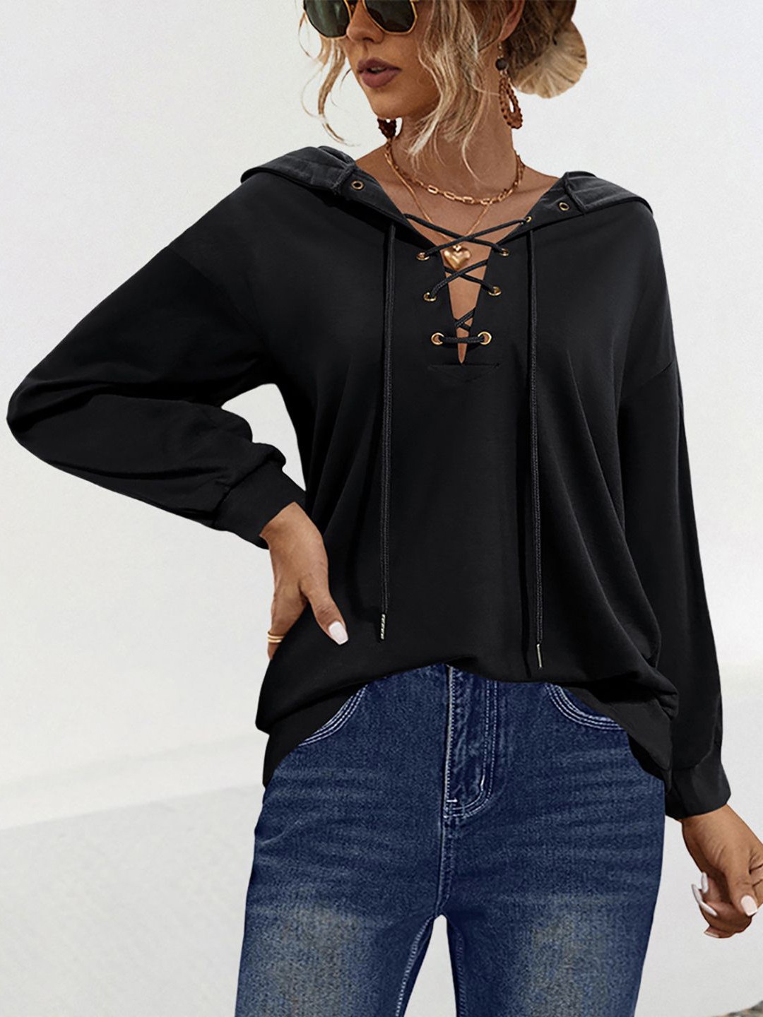 

StyleCast x Revolte Women Solid Hood Top, Black